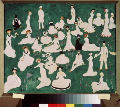 Avslappning. Högt samhälle i höga hattar. (Avkopplande. High Society in Top Hats). Scen för nöje och avkoppling på gräsmattan i en park. Verk av Kasimir Severinovich Malevitch (Malevich, Malevic) (1878-1935), akvarell, gouache och tusch på av Kazimir Severinovich Malevich
