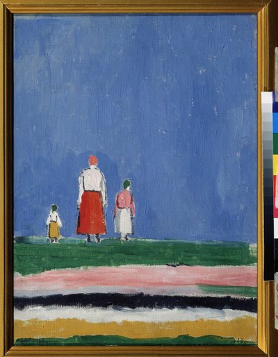 Tre figurer. En mamma med två barn, representerad bakifrån. Målning av Kasimir Severinovich Malevitch (Malevich, Malevic) (1878-1935), olja på duk 1913 eller efter 1927. Rysk konst, 1900-talets avantgarde, suprematism. Samling sid av Kazimir Severinovich Malevich