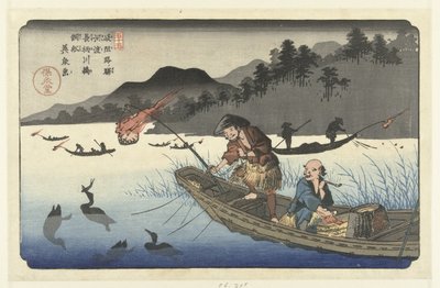 Aalscholvervissersboten op de Nagae rivier te Kawado Kawado Nagaegawa ukaibune (titel på objekt) De stations van de Kisokaido (serietitel) Kisoji eki (serietitel på objekt) av Keisai Eisen