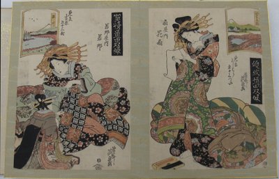 Album med tryck ur serien Ett Tōkaidō-brädspel med kurtisaner, femtiotre par i Yoshiwara (Keisei dōchū sugoroku, Mitate Yoshiwara gojūsan tsui) av Keisai Eisen