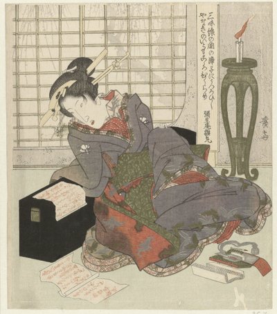En geisha lutar sig mot sin shamisens låda av Keisai Eisen