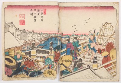 Nihonbashi-bron en snöig morgon, bild 1 i serien: Kisokaido-vägen / Kisokaido rokujuku zugi av Keisai Eisen
