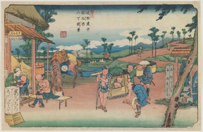 Nummer 9: Utsikt över Hatchō-vallen vid Kumagaya station, ur serien ”Längs Kisovägen” av Keisai Eisen