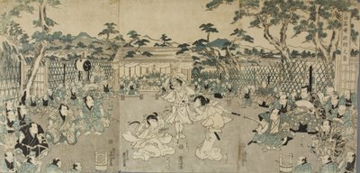 Systrar som hämnas sin fars död; ur kabukipjäsen "Shiraishi" av Keisai Eisen