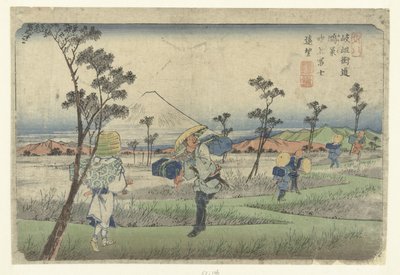 Vy över det fontänformade berget Fuji sett från Konosu. Konosu fukiage Fuji enbo (titel på objekt) Stationerna i Kisokaido (serietitel) Kisoji eki (serietitel på objekt) av Keisai Eisen