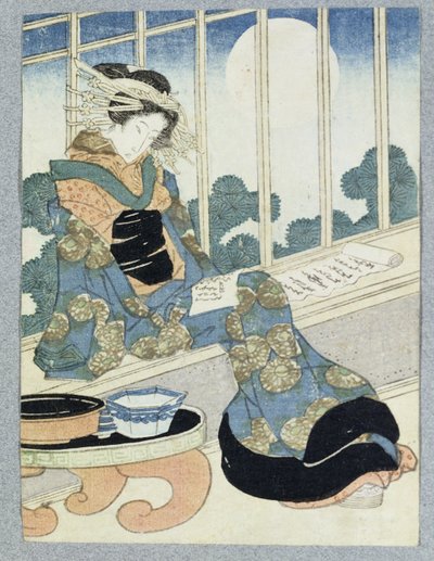 Japanese Lady Reading by Moonlight (träblocktryck) av Keisai Yeisen