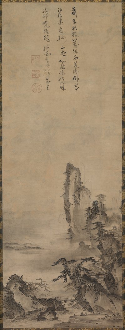 Ensamt tempel och höga klippa, ca. 1480. av Kenkō Shōkei