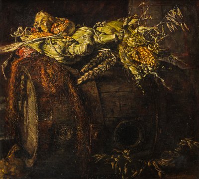 Old Barrel and Cobs of Corn (olja på duk) av Kenneth Newton