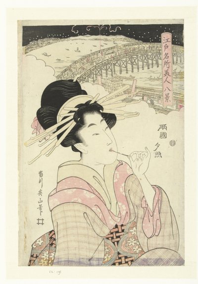 Evening Glow på Ryogoku Ryogoku no sekisho (titel på objekt) Åtta ansikten av kända platser och skönheter i Edo (serietitel) Edo meisho bijin hakkei (serietitel) av Kikugawa Eizan