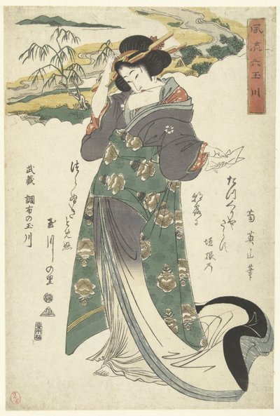 De Chofu Tama rivier i Musashi-provinsen Musashi Chofu no Tamagawa (titel på objekt) De elegante zes Tama rivieren (serietitel) Furyu Mu Tamagawa (serietitel på objekt) av Kikugawa Eizan