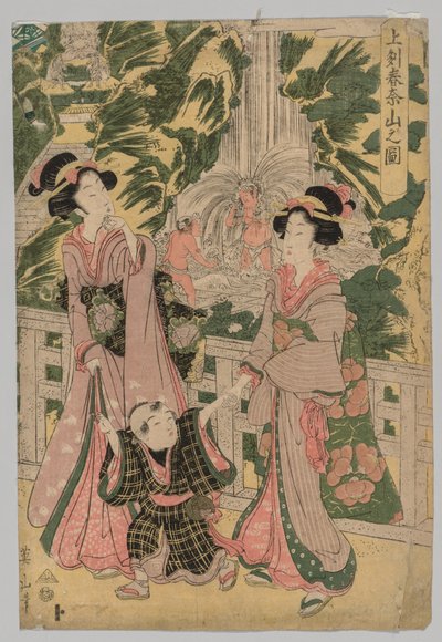 Två flickor och barn på Temple Bridge, 1787-1867. av Kikugawa Eizan
