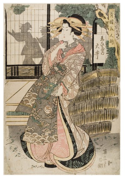 Kurtisanen Oi från bordellen Ebiya, från A Set of Beautiful Women from the Pleasure Quarters, ca 1811-1814 (träsnitt på papper) av Kikugawa Eizen