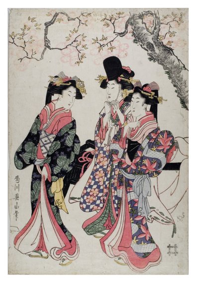 Tre kurtisaner går under ett blommande körsbärsträd. Klädda i hovdräkt, ca 1790-1815 (träsnitt på papper) av Kikugawa Eizen