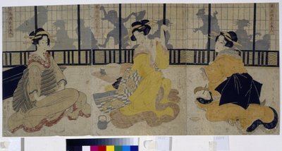 Festival av de tre skönheterna. (De tre skönheternas högtid). Grupp om tre kurtisaner (geisha, geiko) från Edo-perioden eller Tokugawa-perioden (1600-1868) i ett tehus (ochaya). Verk av Kikukawa Eizan (1787-1867), träsnitt (tryck) 1814. Art i av Kikukawa Eizan