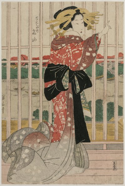Courtesan Meizan från Chojiya på en balkong med utsikt över floden Sumida av Kikukawa Eizan
