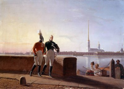 Den ryske tsaren Alexander I (1777-1825) och hans bror Konstantin i utkanten av Neva-målningen av Kil (1800-talet) Eremitagemuseet, Sankt Petersburg av Kil