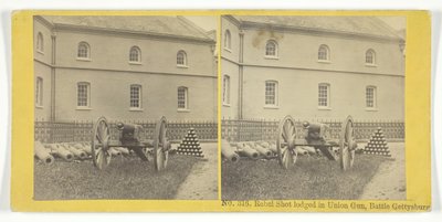 Rebel Shot inkvarterades i Union Gun, Battle Gettysburg, 185575. Skapare: Kilburn Brothers, BW Kilburn. av Kilburn Brothers, BW Kilburn