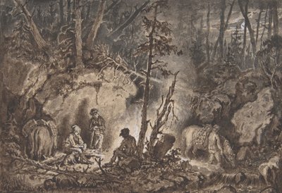 Jägare som vilar i en skog på natten, 1830-60. av Kilian Christoffer Zoll