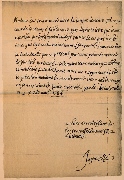 Brev från kung James VI 1566-1625 till hans mor, drottning Mary 1542-1587, 1584-5 av King James I