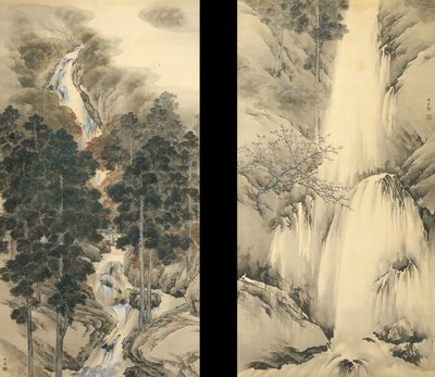 Vattenfall vår och höst Set med två hängande rullar, 1893 av Kishi Chikudo