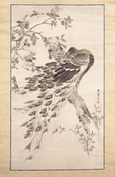 Påfågel på körsbärsäppelträd (bläck och färg på siden) av Kishi Ganku