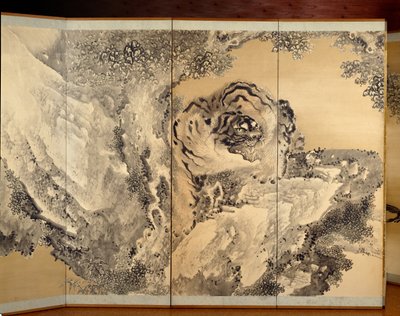Sexfaldig skärm som föreställer en rytande tiger av Kishi Ganku