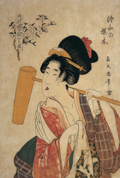 Närbild av en ung kvinna med en trästöt på axeln av Kitagawa Tsukimaro