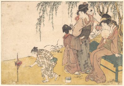 Ett barn som tänder fyrverkerier, ur den illustrerade boken Blommor från de fyra årstiderna av Kitagawa Utamaro