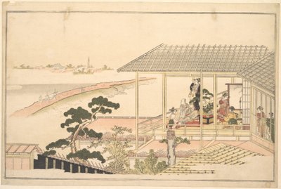 Ett sällskap festprissar i ett hus i Yoshiwara en månbelyst natt av Kitagawa Utamaro