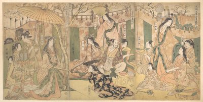 En vy över Taikos och hans fem hustrurs nöjen i Rakutō av Kitagawa Utamaro