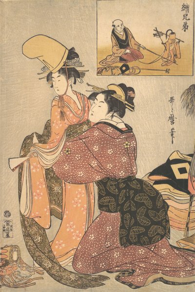 En kvinna som klär en tjej för en Kabuki-dans "Musume Dojoji..., ca. 1795-96. av Kitagawa Utamaro