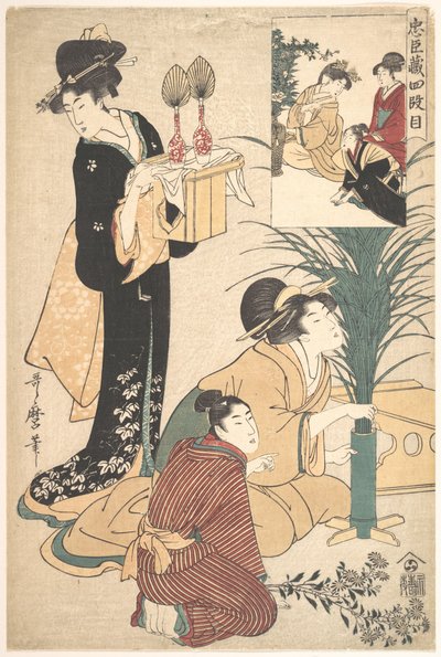 En kvinna och en man arrangerar blommor för Tsukimi (månfesten) av Kitagawa Utamaro