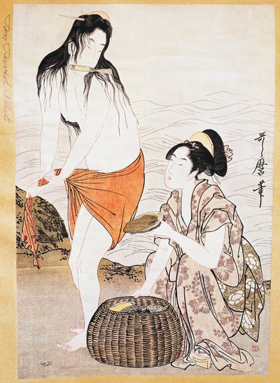 Awabi (mollusker) fiskare i vatten, ukiyo-e konsttryck av Kitagawa Utamaro (1753-1806), träsnitt, japansk civilisation, Edo-period av Kitagawa Utamaro