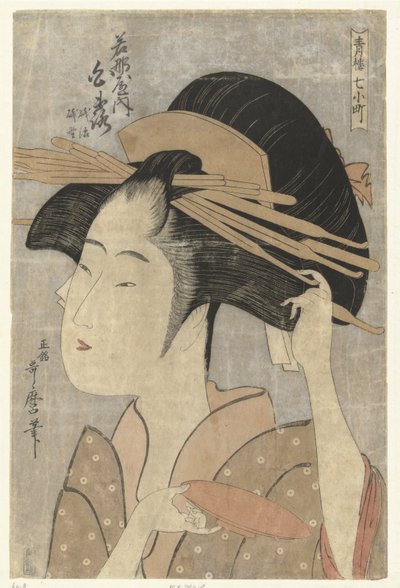 Bystporträtt av kurtisan Shiratsuya från Wakanaya-huset. Wakanaya uchi Shiratsuya (titel på objekt) De sju Komachi från nöjeshusen (serietitel) Seiro nana Komachi (serietitel på objekt) av Kitagawa Utamaro