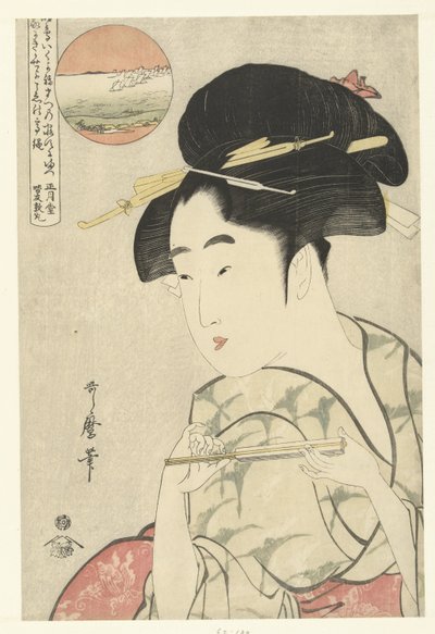 Bystporträtt av en ung kvinna med en fläkt av Kitagawa Utamaro