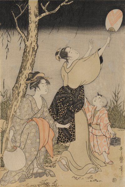 Att fånga eldflugor under ett pilträd till vänster, ca. 1796-1797. av Kitagawa Utamaro