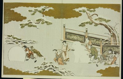 Barn som gör en snöshishi och rullar en snöboll, från "The Silver World" av Kitagawa Utamaro