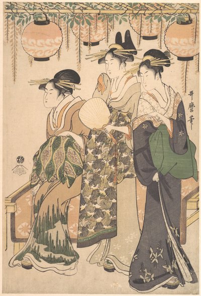 Kurtisaner under en blåregnsberså av Kitagawa Utamaro