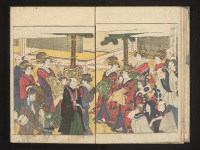 Kurtisaner och åskådare under en nyårsparad av Kitagawa Utamaro