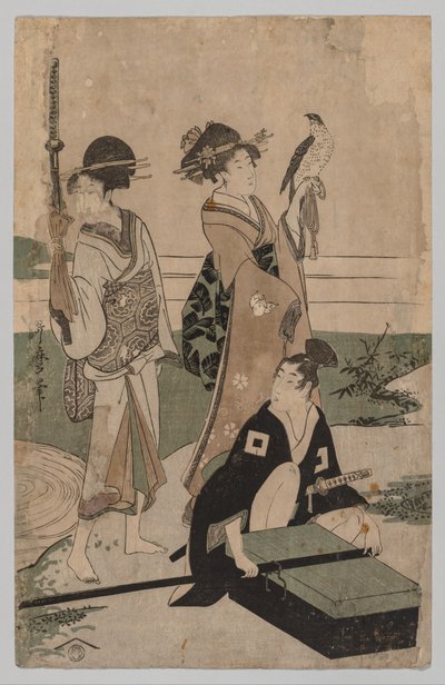 Daimyō och hans följe korsar en bäck i slätten nära Fuji av Kitagawa Utamaro