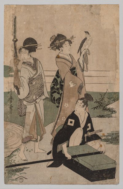 Daimyō och hans följe korsar en bäck i slätten nära Fuji av Kitagawa Utamaro
