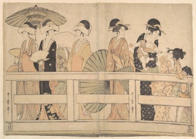 Njuter av den svala kvällsbrisen på och under bron av Kitagawa Utamaro