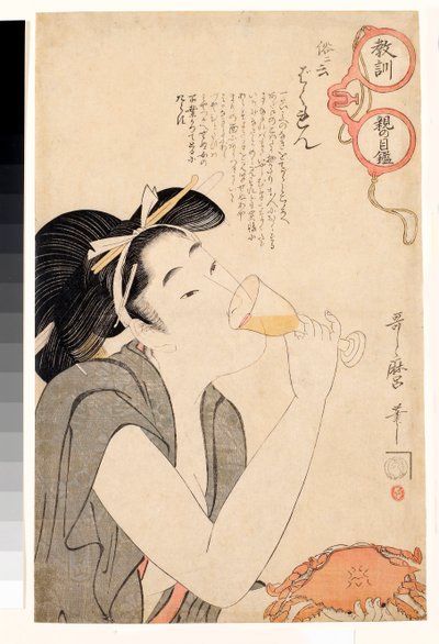 Skamlös kvinna som dricker ett glas vin - Serie ""Genom föräldrars moraliserande glas"" om utbildning - Tryck av Kitagawa Utamaro (1753-1806) av Kitagawa Utamaro
