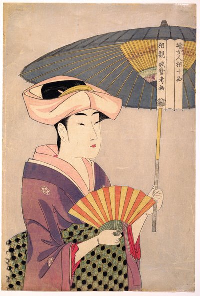 Femme tenant un parasol - Woman Holding Up a Parasol, från serien Ten Types in the Physiognomic Study of Women par Utamaro, Kitagawa (1753-1806), ca. 1793 - Färgträsnitt, 38,1x25,7 - Privat samling av Kitagawa Utamaro