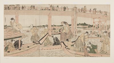 Fiskebåtar med nät under Ry?goku-bron (träblock i färg) av Kitagawa Utamaro