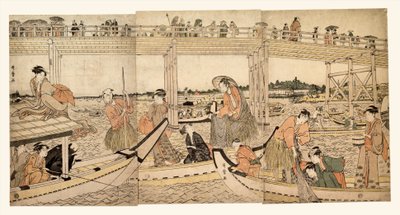 Fiskebåtar med nät under Ryōgoku-bron av Kitagawa Utamaro