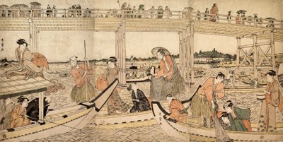 Fiskebåtar med nät under Ryogoku-bron, 1790-talet. av Kitagawa Utamaro