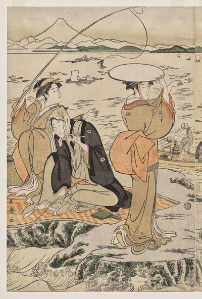 Fiske på skärbrädeklippan i Enoshima av Kitagawa Utamaro