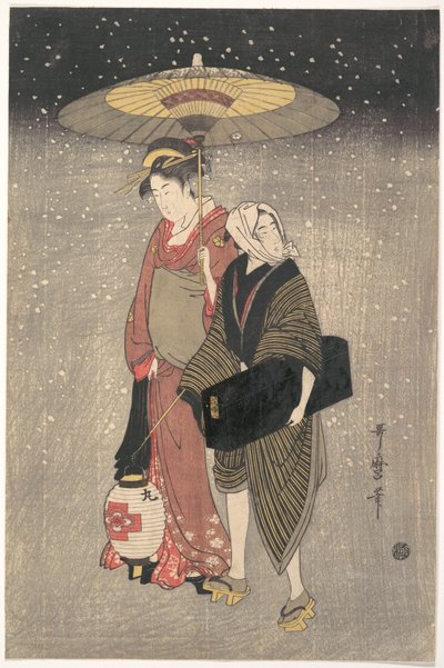Geisha som går genom snön på natten av Kitagawa Utamaro