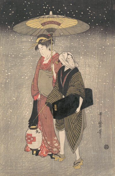Geisha som går genom snön på natten, ca. 1797. av Kitagawa Utamaro